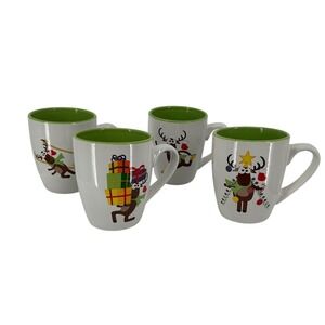 Christmas Reindeer Set of 4 Coffee Mugs White Green Holiday Ceramic Cups 12oz